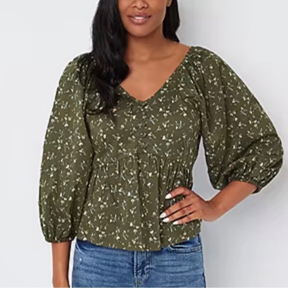 NWT Womens Ana 3/4 Sleeve Floral Print Boho Top Size 5XL Olive Green - Picture 1 of 9